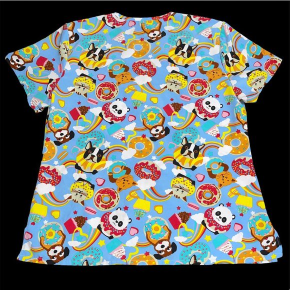 Dog Cats Donuts Rainbow Scrub Top Shirt Womens XL - Picture 3 of 9
